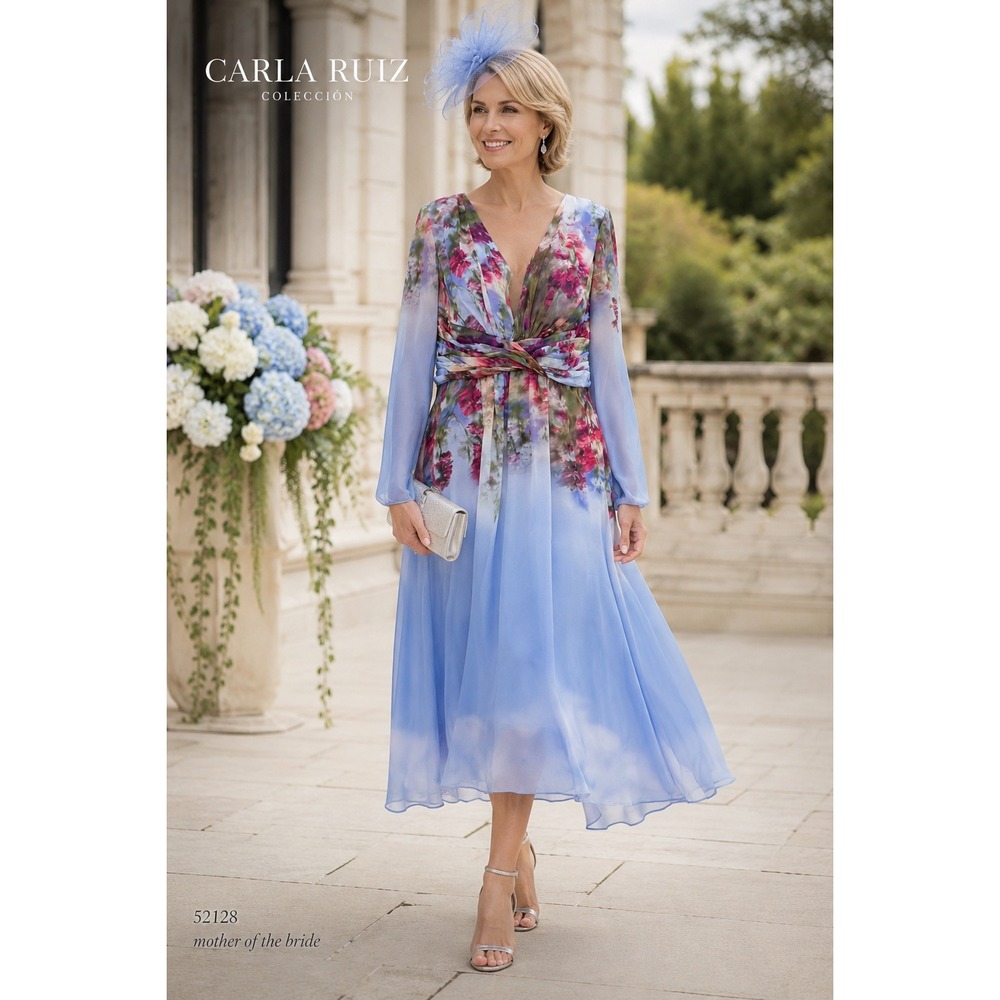 NEW Carla Ruiz Blurred Floral Chiffon Midi Dress Twist Front Long Sleeve